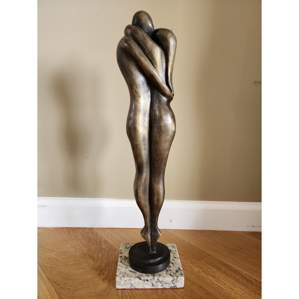 Abstract Couple Embrace Sculpture Bronze Tone Marble Base‎ Art Decor